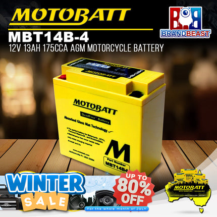 Motobatt MBT14B-4 12V 13Ah 175CCA AGM Motorcycle Battery For Quadflex Technology