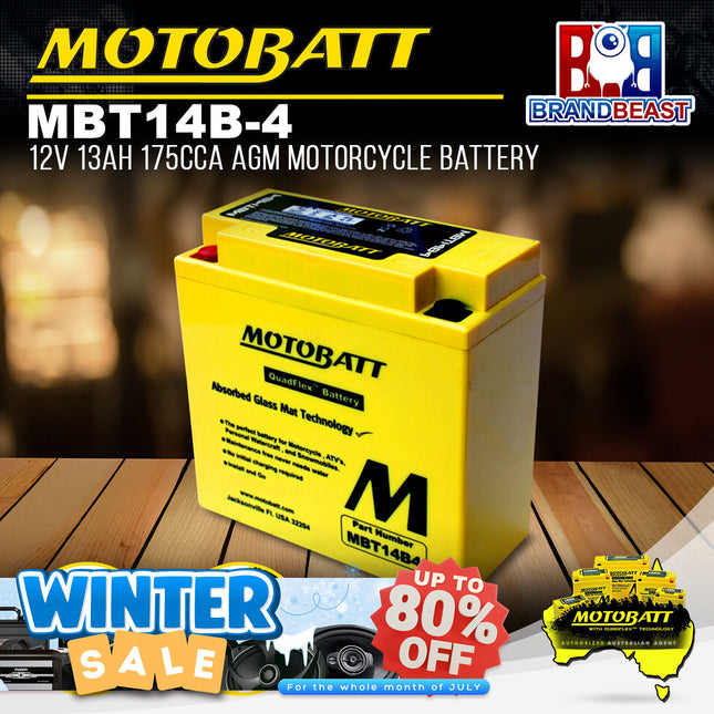 Motobatt MBT14B-4 12V 13Ah 175CCA AGM Motorcycle Battery For Quadflex Technology