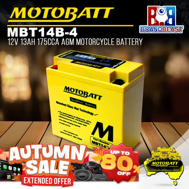 Motobatt MBT14B-4 12V 13Ah 175CCA AGM Motorcycle Battery For Quadflex Technology