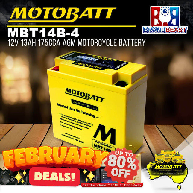 Motobatt MBT14B-4 12V 13Ah 175CCA AGM Motorcycle Battery For Quadflex Technology