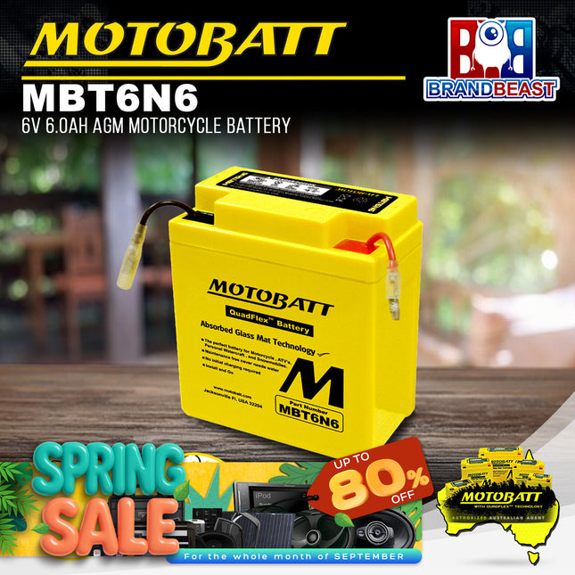 Motobatt MBT6N6 6V 6.0Ah AGM Motorcycle Battery With Quadflex Technology