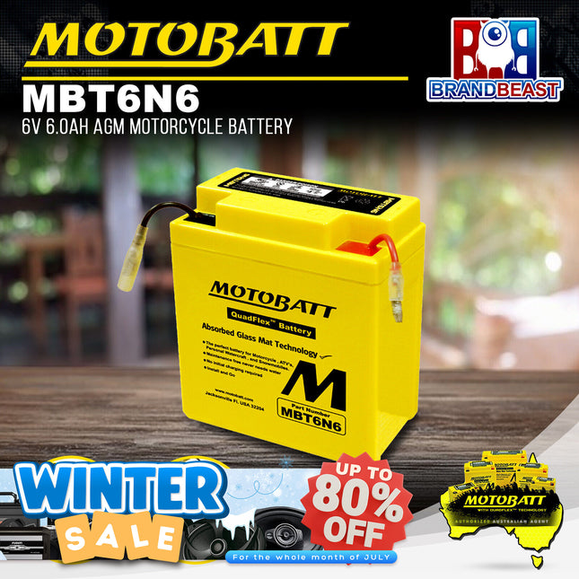 Motobatt MBT6N6 6V 6.0Ah AGM Motorcycle Battery With Quadflex Technology