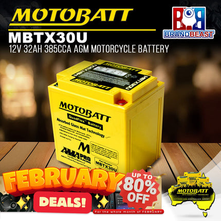 Motobatt MBTX30U 12V 32Ah 385CCA AGM Motorcycle Battery For Quadflex Technology