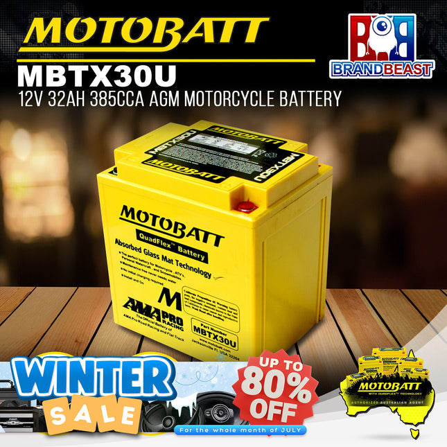 Motobatt MBTX30U 12V 32Ah 385CCA AGM Motorcycle Battery For Quadflex Technology