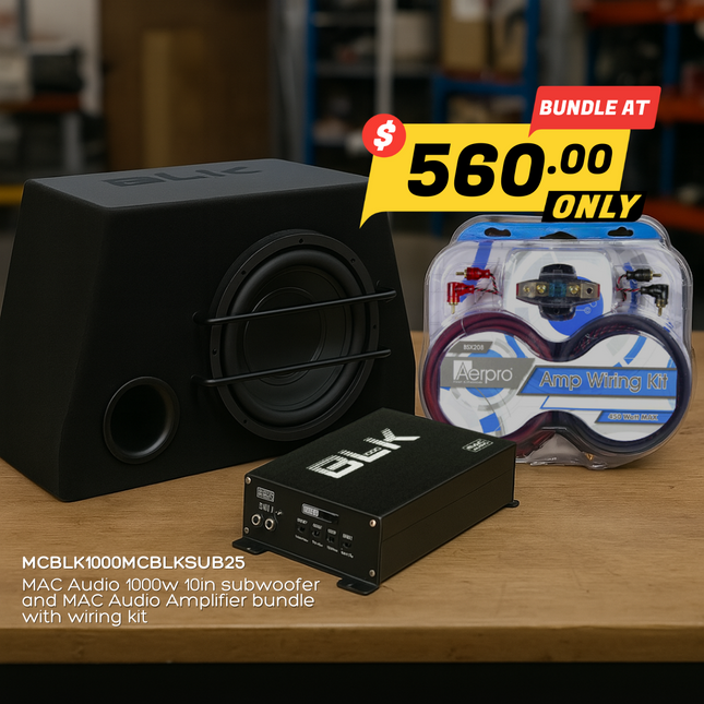 Mac Audio MC-BLK-1000 1-Channel Class-D Mini Mono Amplifier with MC-BLK-SUB25 250mm Bass Reflex Subwoofer Enclosure and Aerpro BSX208 Wiring Kit Package