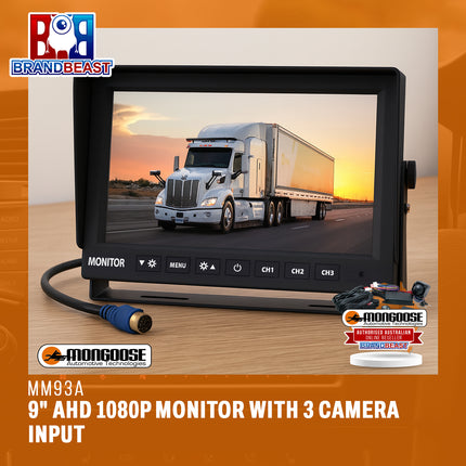 Mongoose MM93A 9" AHD 1080P Monitor with 3 Camera Input