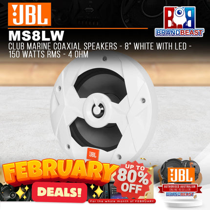 JBL MS8LW Club Marine Coaxial Speakers - 8" White with LED - 150 Watts RMS - 4 Ohm