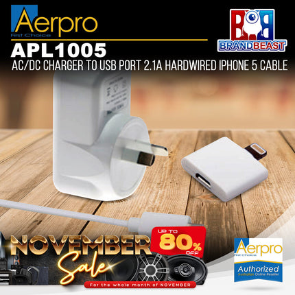 Aerpro APL1005 AC/DC Charger to USB Port 2.1A Hardwired iPhone 5 Cable