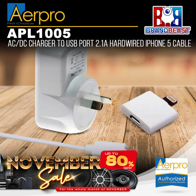 Aerpro APL1005 AC/DC Charger to USB Port 2.1A Hardwired iPhone 5 Cable
