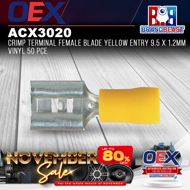 OEX ACX3020 Crimp Terminal Female Blade Yellow Entry 9.5 x 1.2mm Vinyl 50 Pce