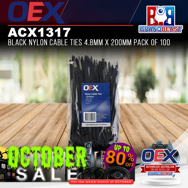 OEX ACX1317 Black Nylon Cable Ties 4.8mm x 200mm Pack of 100