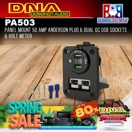 DNA PA503 Panel Mount 50 Amp Anderson Plug & Dual QC USB Sockets & Volt Meter
