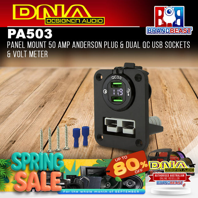 DNA PA503 Panel Mount 50 Amp Anderson Plug & Dual QC USB Sockets & Volt Meter
