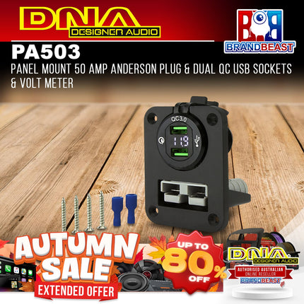 DNA PA503 Panel Mount 50 Amp Anderson Plug & Dual QC USB Sockets & Volt Meter
