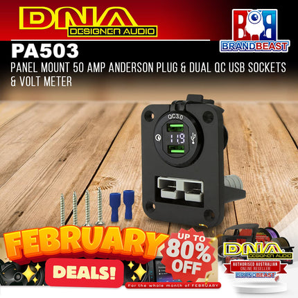 DNA PA503 Panel Mount 50 Amp Anderson Plug & Dual QC USB Sockets & Volt Meter