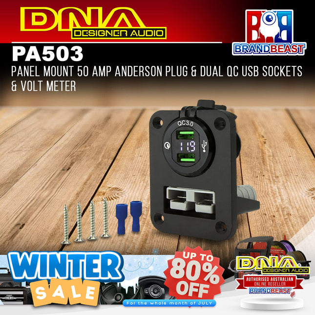 DNA PA503 Panel Mount 50 Amp Anderson Plug & Dual QC USB Sockets & Volt Meter
