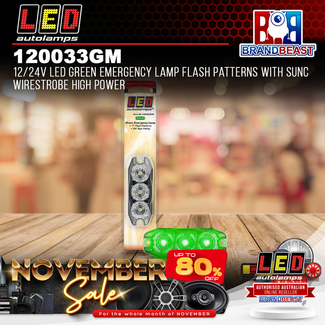LED Autolamps 120033GM 12/24V LED Green Emergency Flash Patterns Sunc WireStrobe