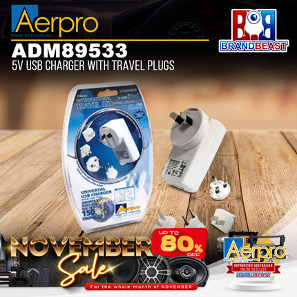 Aerpro ADM89533 5V Universal USB Charger Kit With Travel Plugs