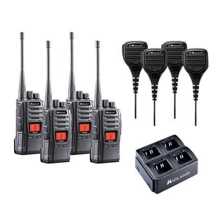 Midland PRO5X-4 Commercial 4 Pack featuring four 5W handheld radios with waterproof speaker mics and 4-bay charging system