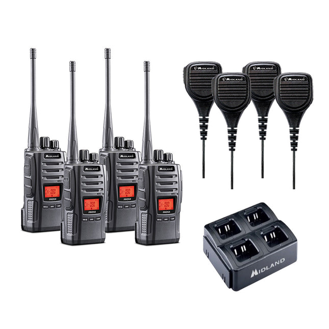 Midland PRO5X-4 Commercial 4 Pack featuring four 5W handheld radios with waterproof speaker mics and 4-bay charging system