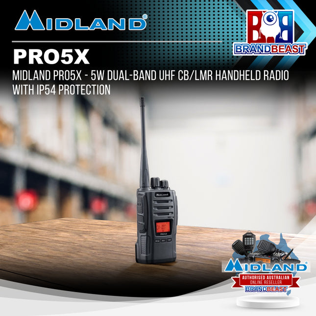 Midland PRO5X - 5W Dual-Band UHF CB/LMR Handheld Radio with IP54 Protection