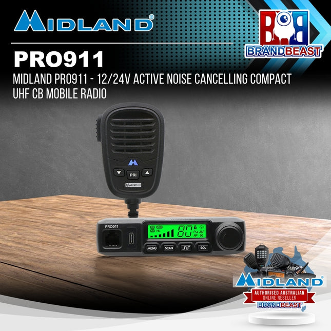 Midland PRO911 - 12/24V Active Noise Cancelling Compact UHF CB Mobile Radio