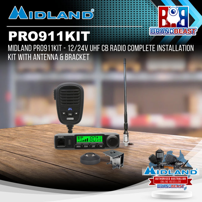 Midland PRO911KIT - 12/24V UHF CB Radio Complete Installation Kit with Antenna & Bracket