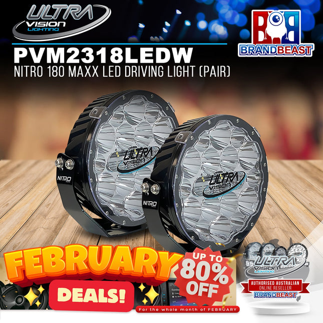 Ultra Vision Lighting PVM2318LEDW4-ARB/PR NITRO 180 Maxx LED Driving Light (Pair) - 4500K | Black | ARB Bullbar