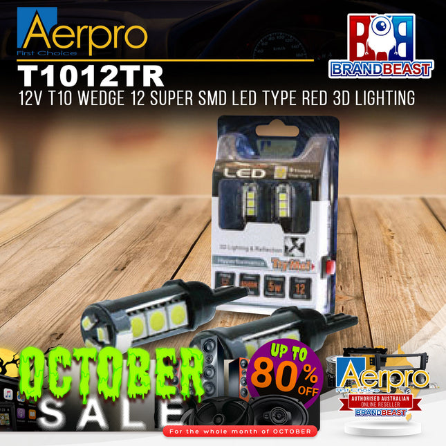 Aerpro T1012TR 12V T10 Wedge 12 Super SMD LED Type Red 3D Lighting