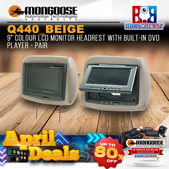 Mongoose Q440 Beige 9" LCD Monitor Headrest With Built-In DVD Player - Pair