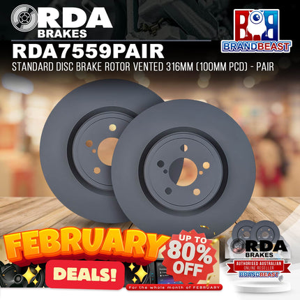 RDA Brakes RDA7559 Standard Disc Brake Rotor Vented 316mm (100mm PCD) - Pair