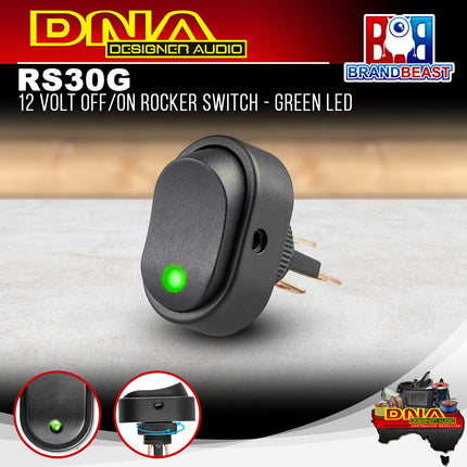 DNA RS30G 12 Volt Off/On Rocker Switch - Green LED