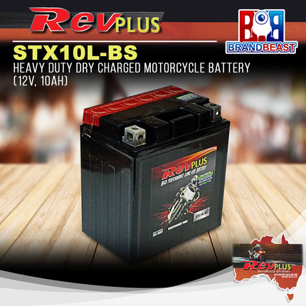 RevPLUS STX10L-BS Heavy Duty Dry Charged Motorcycle Battery (12V, 10Ah)