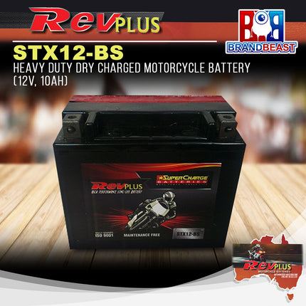 RevPLUS STX12-BS Heavy Duty Dry Charged Motorcycle Battery (12V, 10Ah)