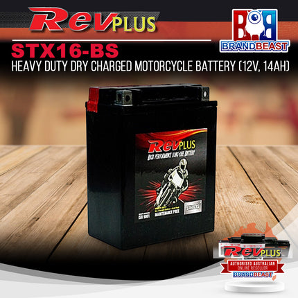 RevPLUS STX16-BS Heavy Duty Dry Charged Motorcycle Battery (12V, 14Ah)