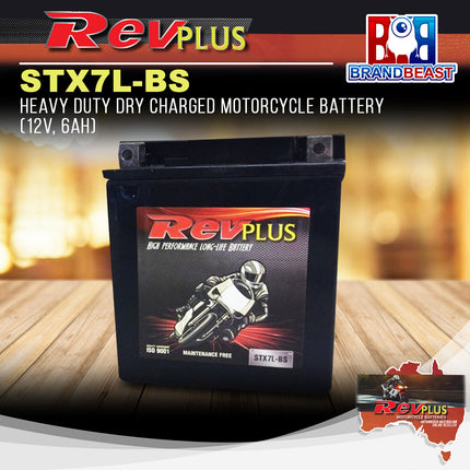 RevPLUS STX7L-BS Heavy Duty Dry Charged Motorcycle Battery (12V, 6Ah)