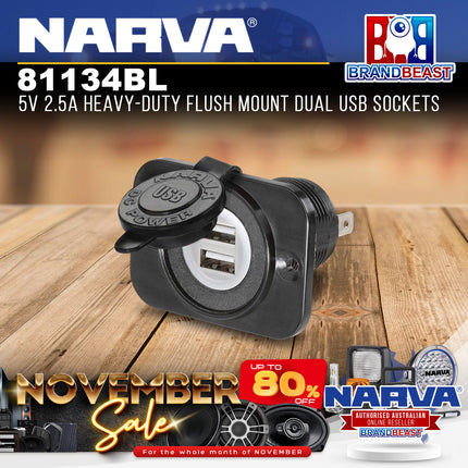 Narva 81134BL 5V 2.5A Heavy-Duty Flush Mount Dual USB Sockets