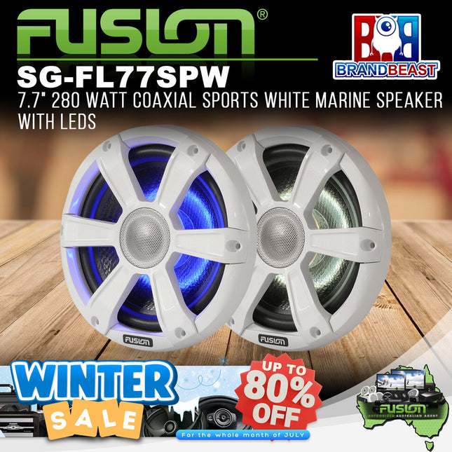 Fusion SG-FL77SPW - 7.7" 280 WATT Coaxial Sports White Marine Speaker with LEDs