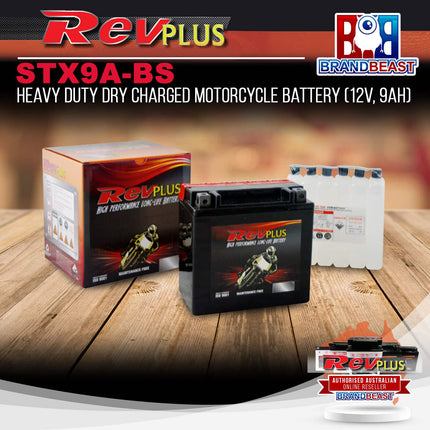 RevPLUS STX9A-BS Heavy Duty Dry Charged Motorcycle Battery (12V, 9Ah)