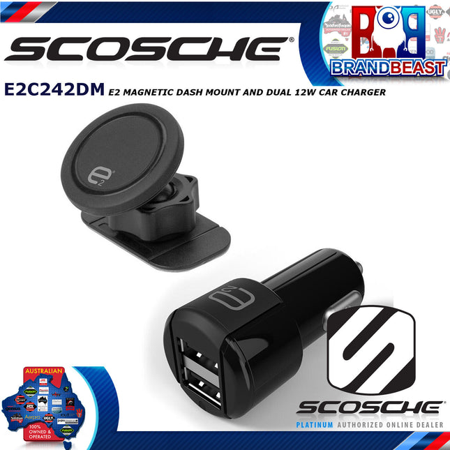 Scosche E2C242DM Magnetic Dash Mount & Dual USB Fast Car Charger