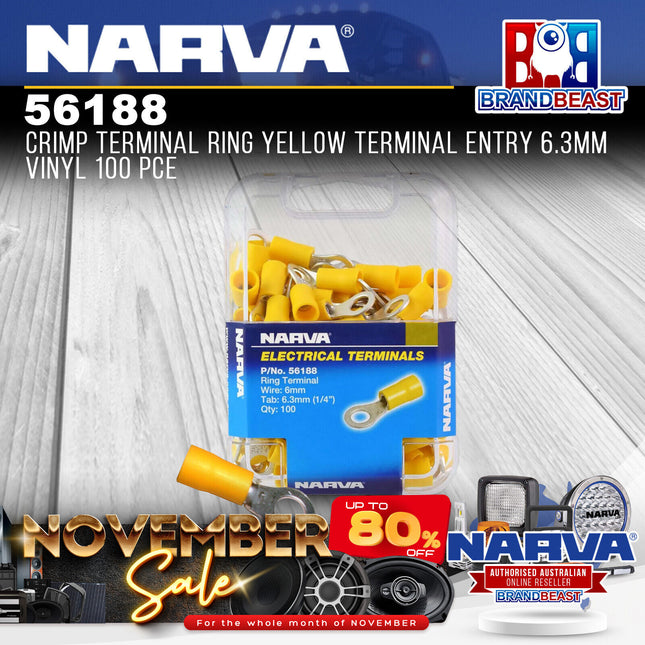 Narva 56188 Crimp Terminal Ring Yellow Terminal Entry 6.3mm Vinyl 100 Pce