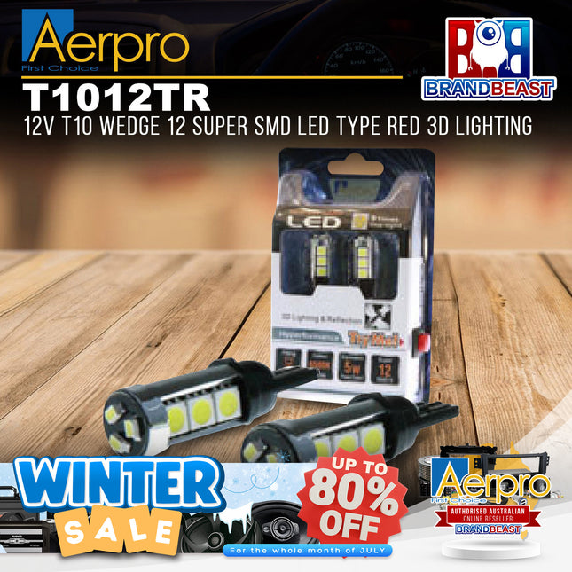 Aerpro T1012TR 12V T10 Wedge 12 Super SMD LED Type Red 3D Lighting