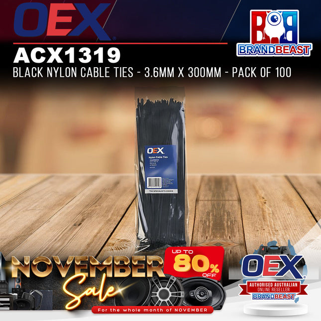 OEX ACX1319 Black Nylon Cable Ties - 3.6mm x 300mm - Pack of 100
