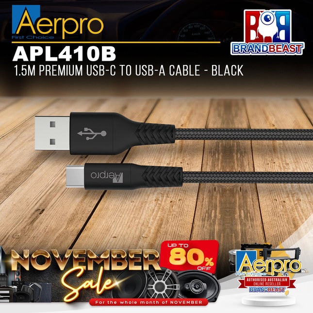 Aerpro APL410B 1.5M Premium USB-C To USB-A Cable - Black