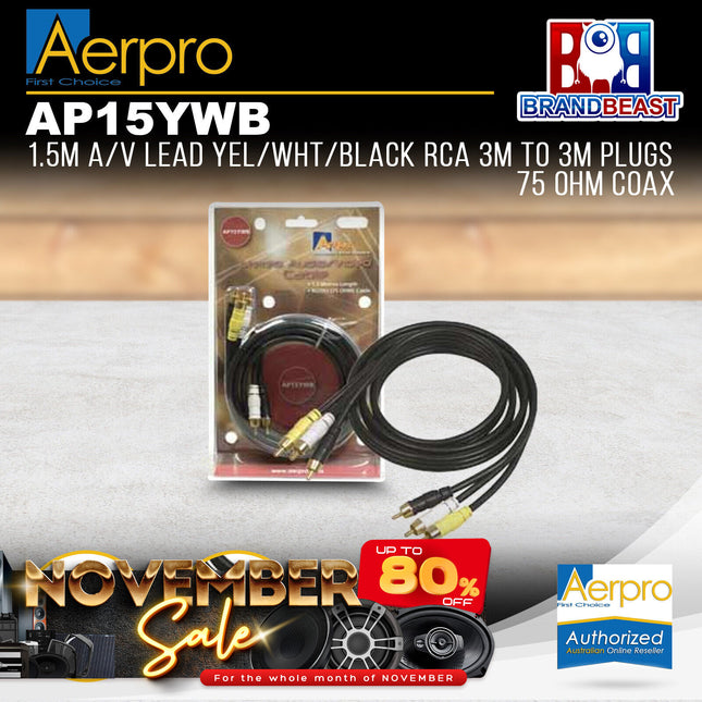 Aerpro AP15YWB 1.5M A/V Lead Yellow/Black/White RCA 3M-3M Plugs