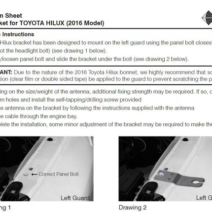 RFI TLM-HL-L Heavy Duty Stainless Steel Z Guard Bracket - Vehicle-Specific 6mm Slot Fender Mount for Toyota Hilux 2016+ Left Front Guard with Custom-Bendable Design and Professional Antenna Mounting