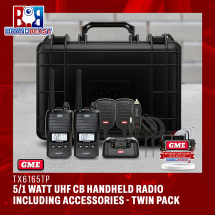 GME TX6165TP 5/1 Watt UHF CB Handheld Radio including Accessories - Twin Pack