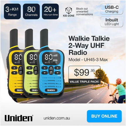UNIDEN UH45-3 MAX - Ultra-Compact UHF Radio Triple Pack with Kid-Zone Plus and USB-C Charging