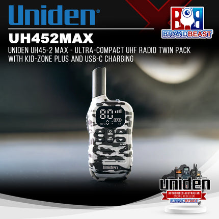 UNIDEN UH45-2 MAX - Ultra-Compact UHF Radio Twin Pack with Kid-Zone Plus and USB-C Charging