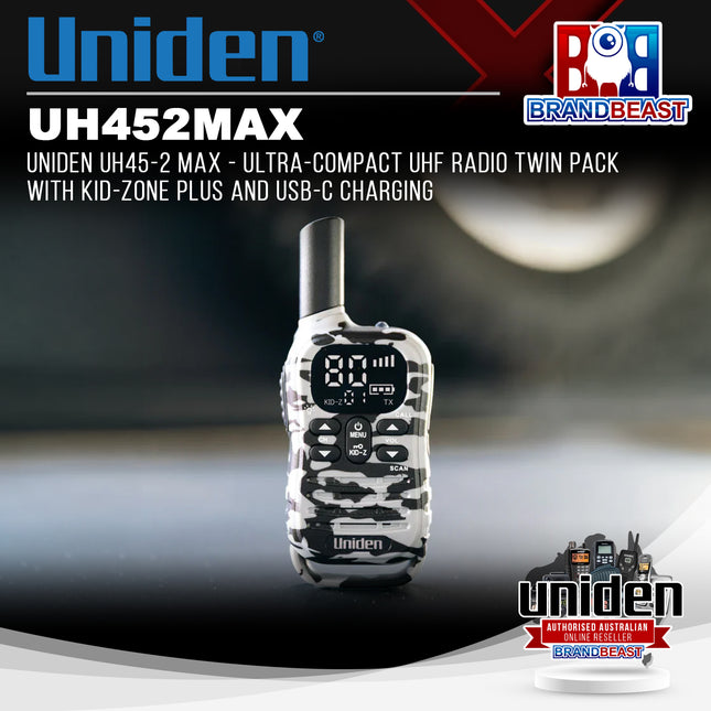 UNIDEN UH45-2 MAX - Ultra-Compact UHF Radio Twin Pack with Kid-Zone Plus and USB-C Charging